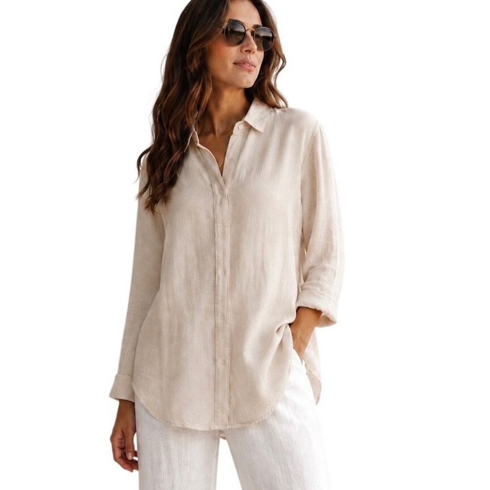 LAFAYETTE 148 Beige Striped Snap Front Tunic Top Shirt Preppy Casual Large